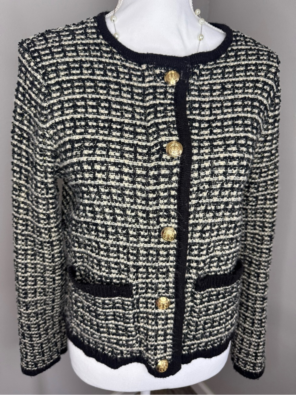 Talbots Black and Ivory Tweed Blazer with Gold Buttons